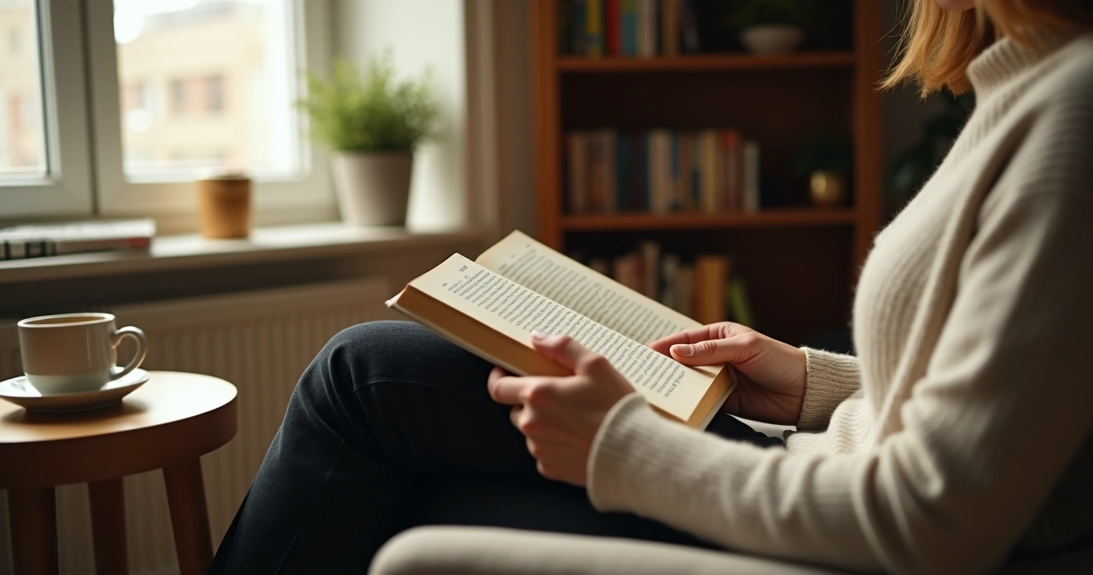 Pessoa lendo livro com chá e luz suave