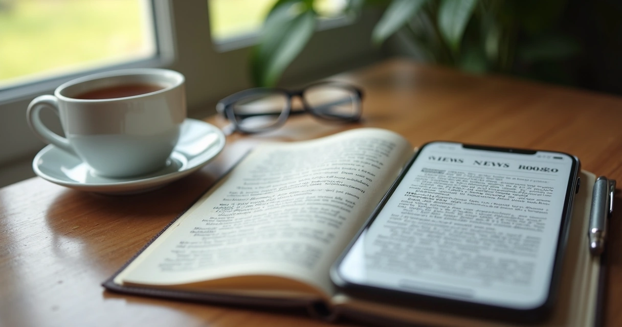 Pessoa lendo notícias no celular com caderno e chá ao lado