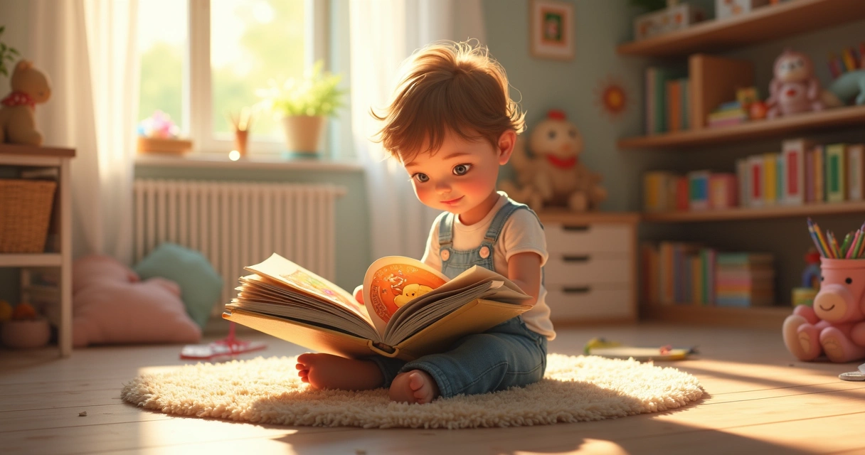 Criança folheando livro ilustrado em quarto infantil