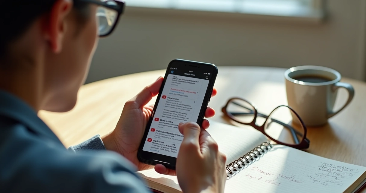 Pessoa lendo notícias no celular com anotações ao lado 