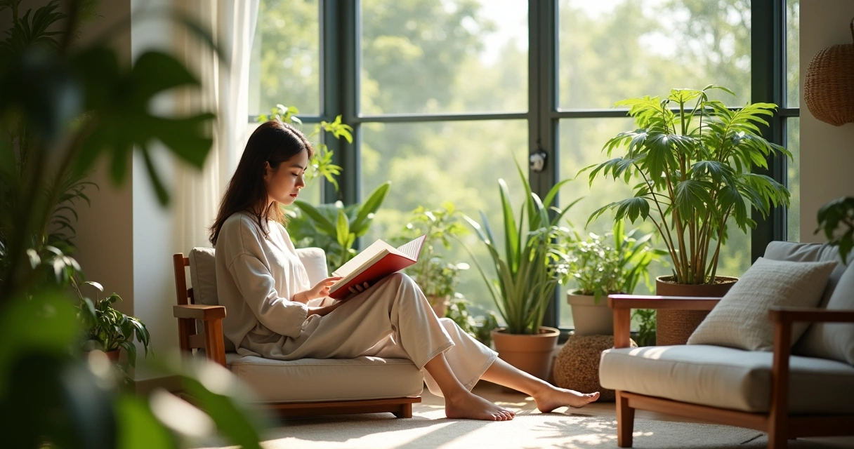 Pessoa lendo um livro em um ambiente claro e sereno, com detalhes de plantas ao redor e luz natural suave 