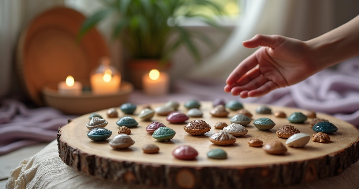 Concha de búzio coloridas em uma mesa de madeira com velas e plantas ao fundo.