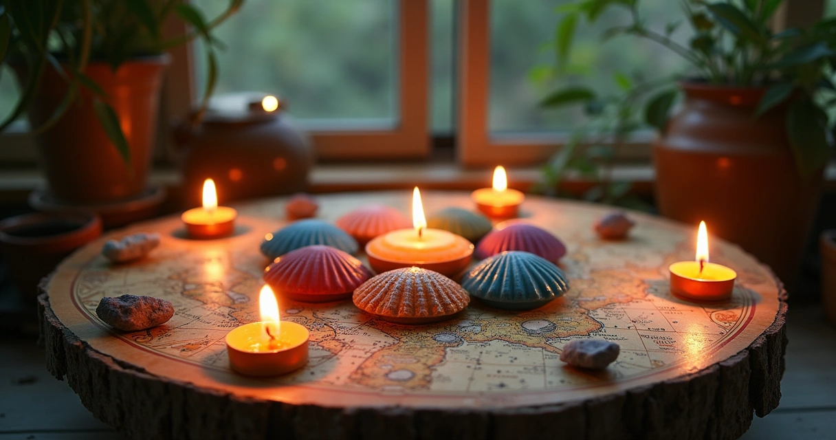 Cena de leitura de búzios com conchas, velas e ambiente místico sobre mesa de madeira.