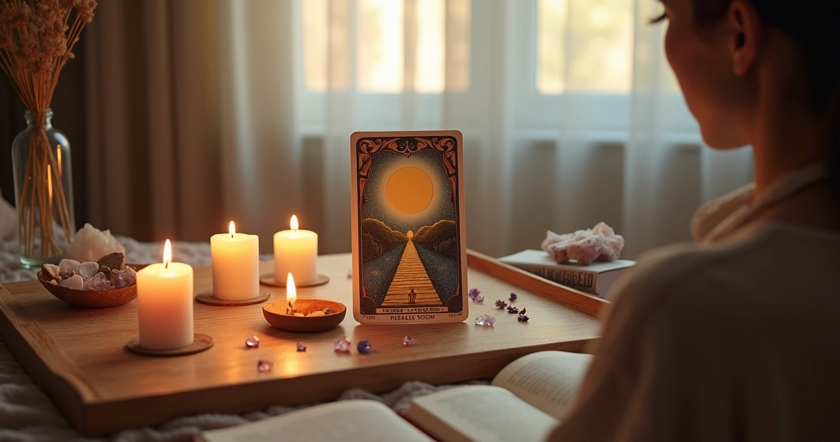 Leitura de cartas de oráculo em um ambiente calmo com velas, cristais e um caminho em uma carta.
