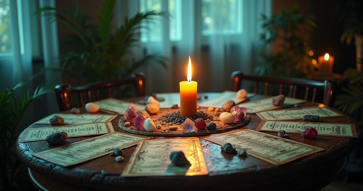 Mesa de madeira com cartas de tarô, cristais e anotações, em um ambiente tranquilo para leitura de oráculos.