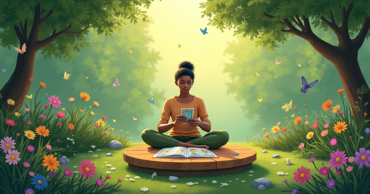 Ilustração de uma leitura de oráculos ao ar livre em um jardim sereno, com cartas de Tarot e runas em uma mesa.