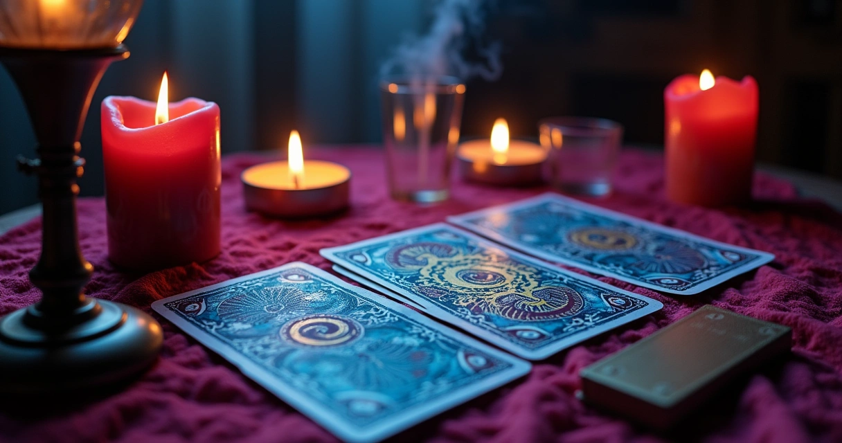Cena de leitura de tarô com cartas, velas, cristais e um caderno, criando um ambiente místico.