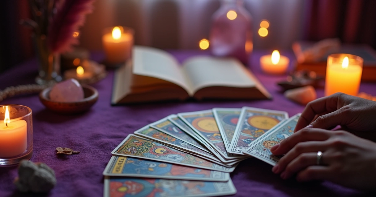 Configuração de leitura de tarô com cartas, velas e cristais, evocando introspecção e autoconhecimento.