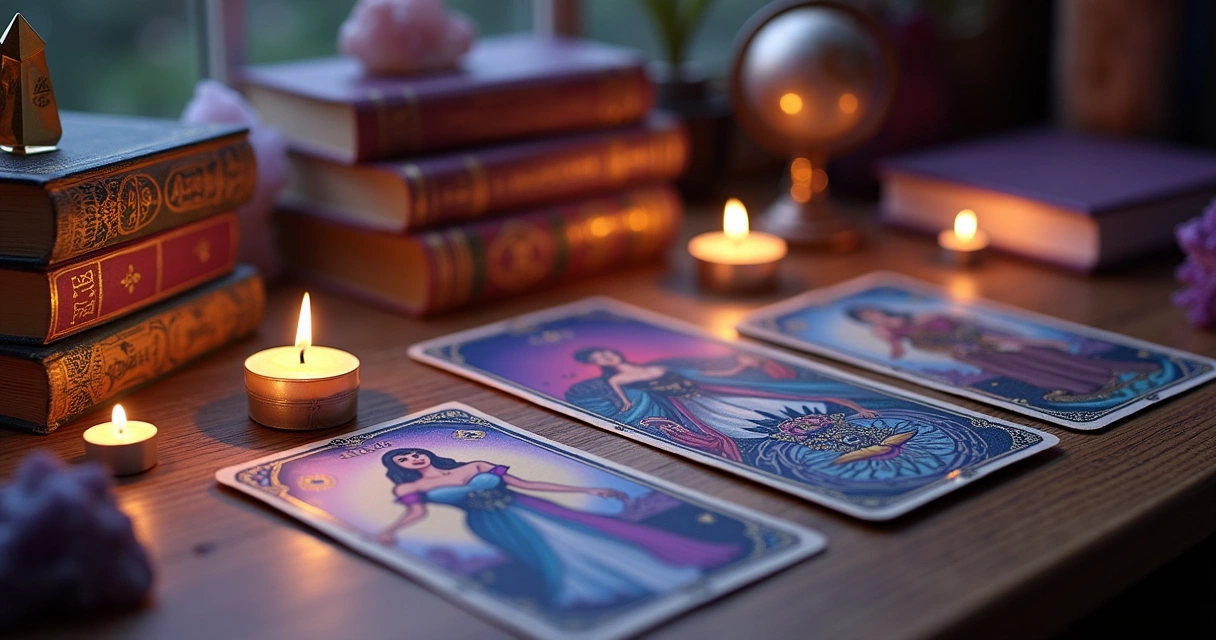 Cena de leitura de tarot, com cartas, velas e elementos místicos em um ambiente acolhedor.
