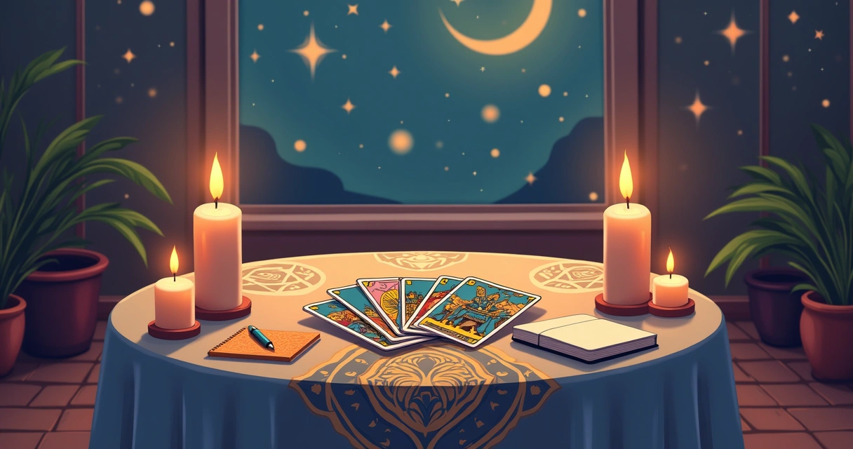 Ambiente calmo de leitura de tarot com cartas, velas e um caderno, em tons quentes e místicos.
