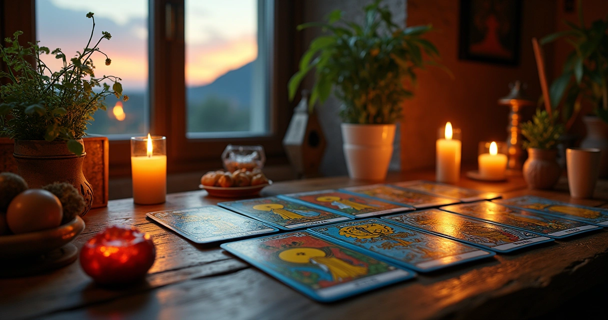 Cena de leitura de tarot com cartas coloridas, velas e um céu estrelado ao fundo em uma mesa de madeira.