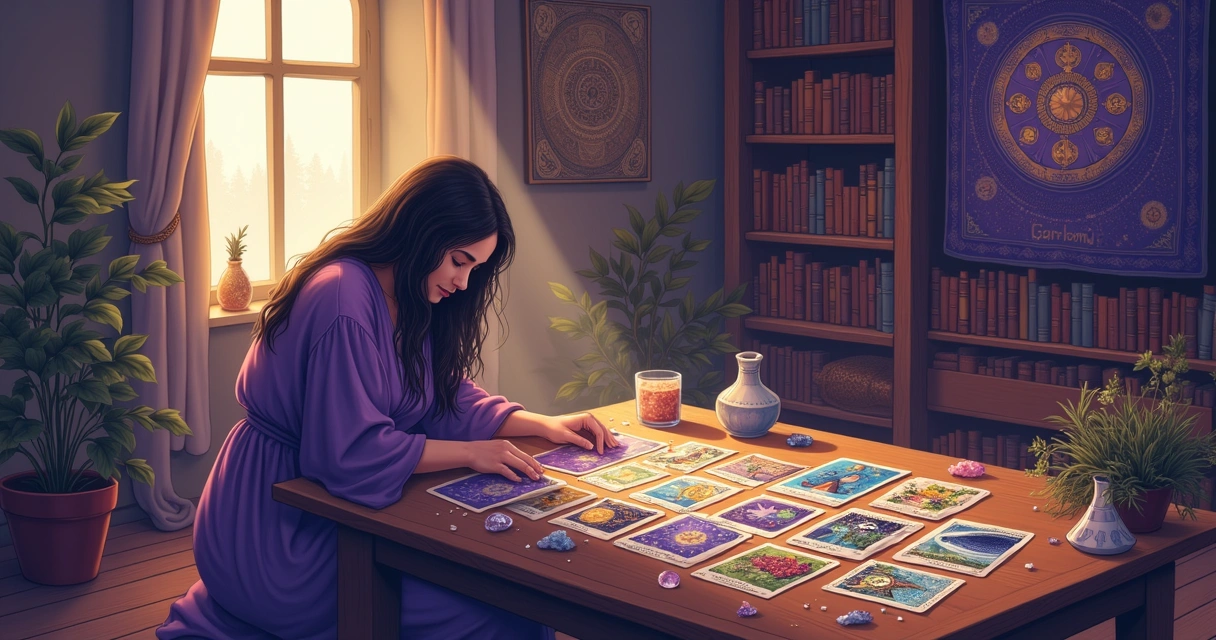 Leitura de tarot em uma mesa com cartas, cristais e iluminação suave, criando uma atmosfera mística.