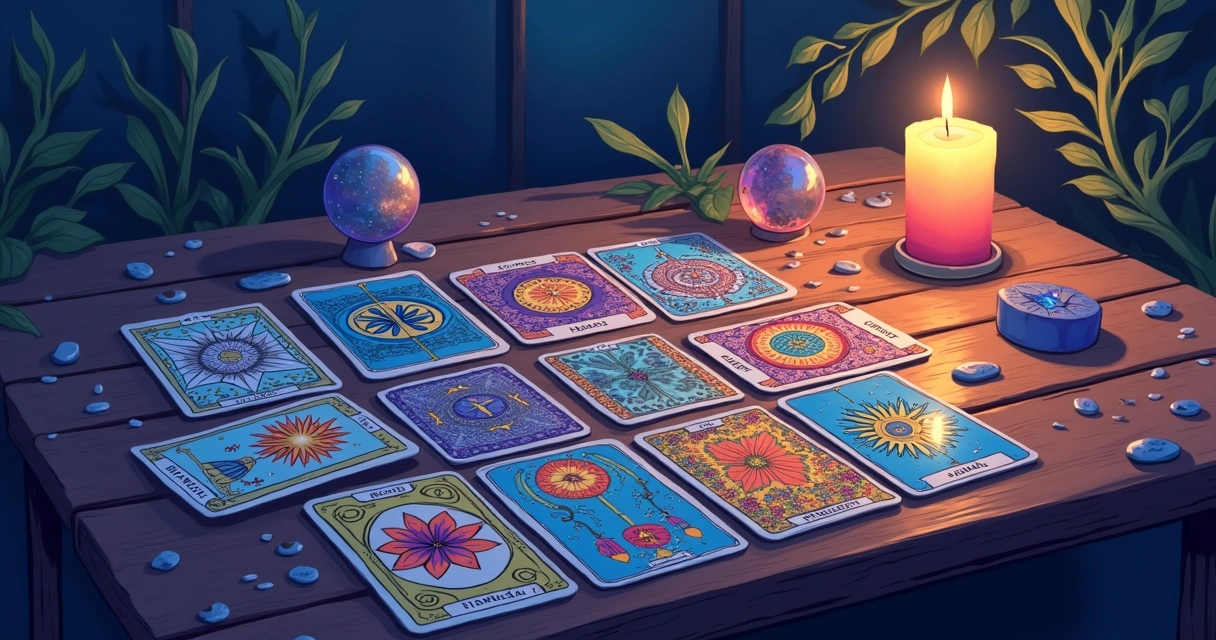 Ilustração de uma leitura de tarot com cartas coloridas e elementos místicos sobre uma mesa de madeira.