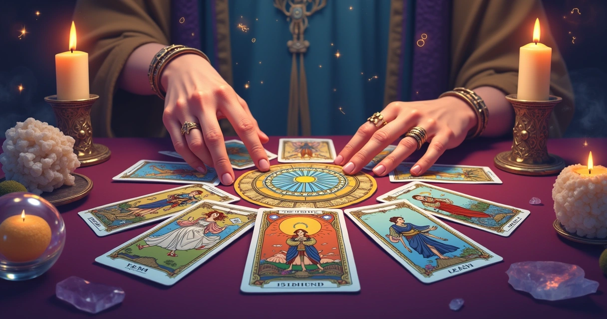 Ilustração de uma sessão de leitura de Tarot com cartas, velas e uma atmosfera mística.
