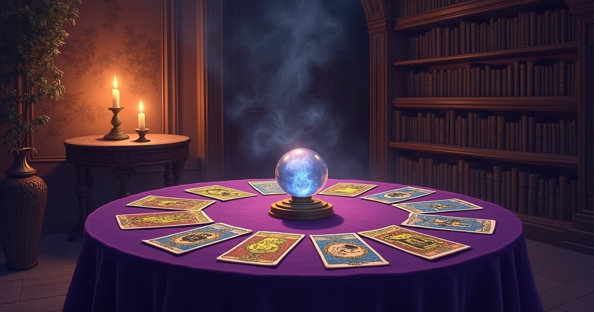 Ilustração de uma leitura de tarot com cartas, bola de cristal e velas em um ambiente místico.