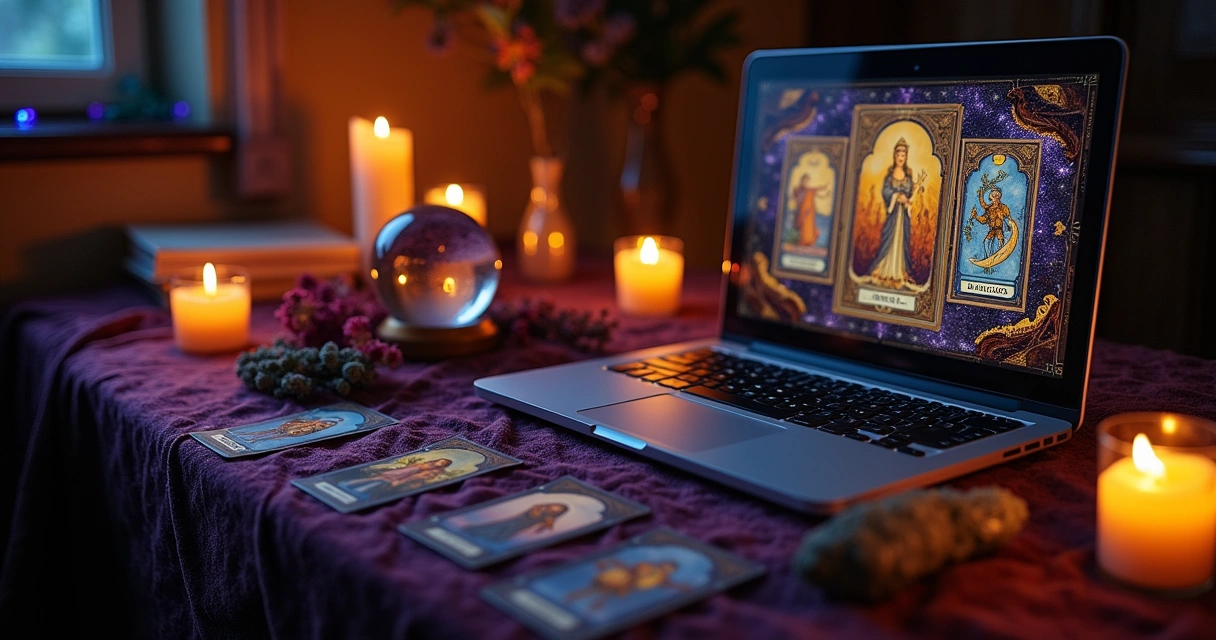 Ambiente acolhedor de leitura de tarot online com laptop, cartas de tarot e vela.