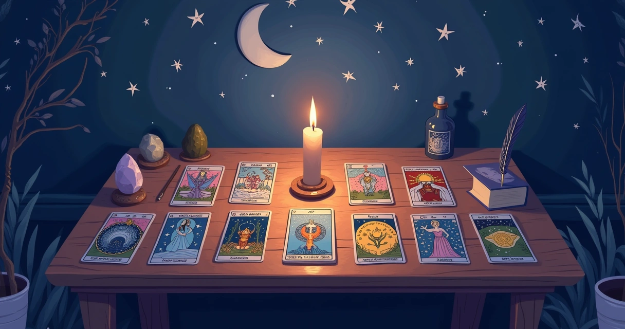 Um ambiente calmo de leitura de tarot com cartas, velas, cristais e inspirações celestiais.