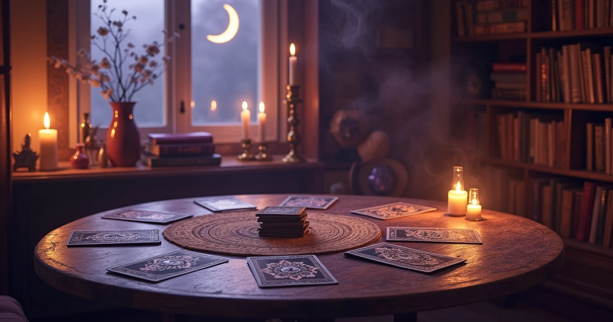 Uma sessão de leitura de Tarot em um ambiente aconchegante com cartas dispostas sobre uma mesa redonda iluminada por velas.