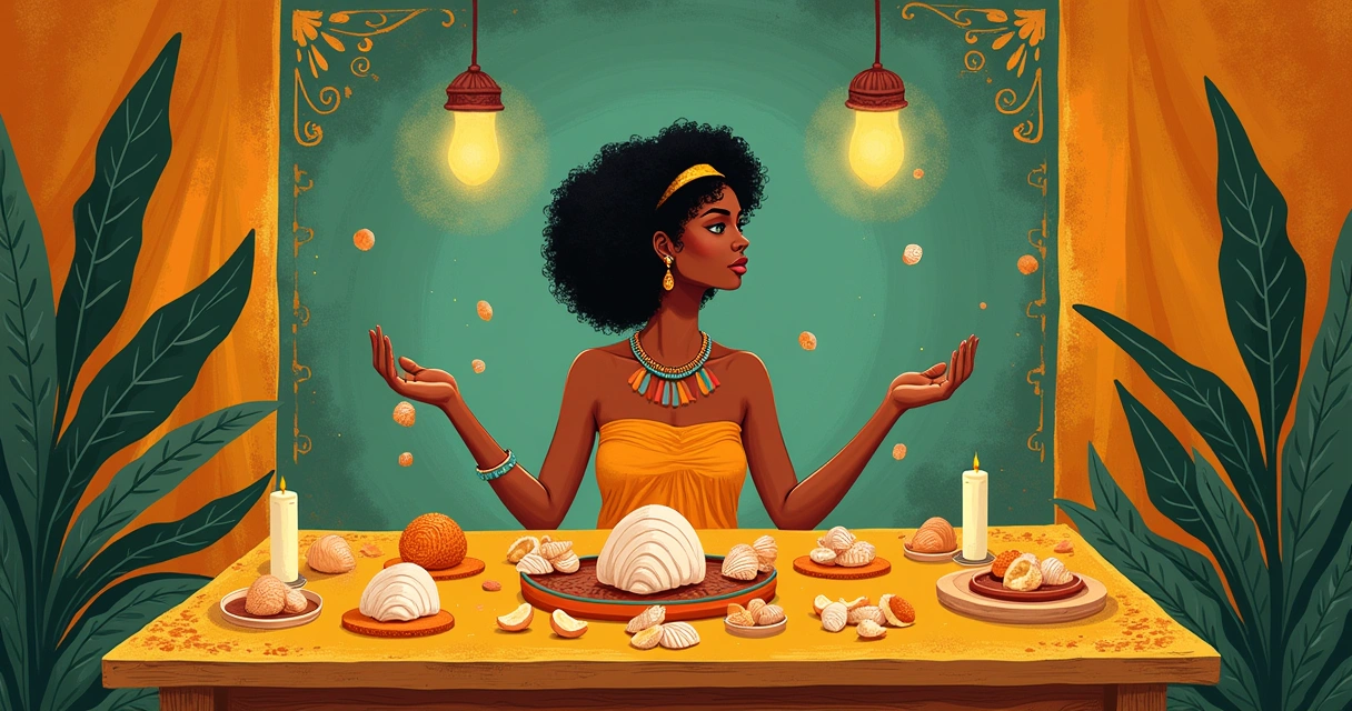 Ilustração de Búzios sobre uma mesa rústica com uma mão lançando as conchas em um ambiente iluminado por velas.