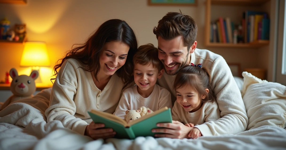Family reading children's stories together at night in pajamas 