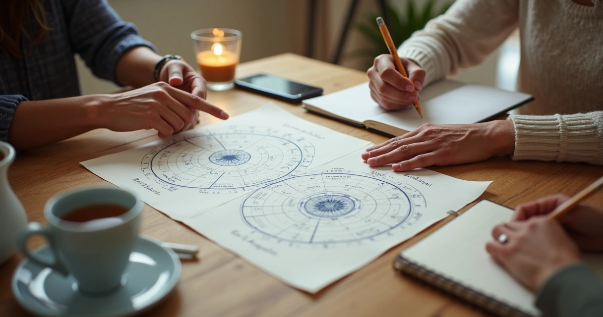 Mapas astrais e caderno sobre mesa com mãos apontando aspectos