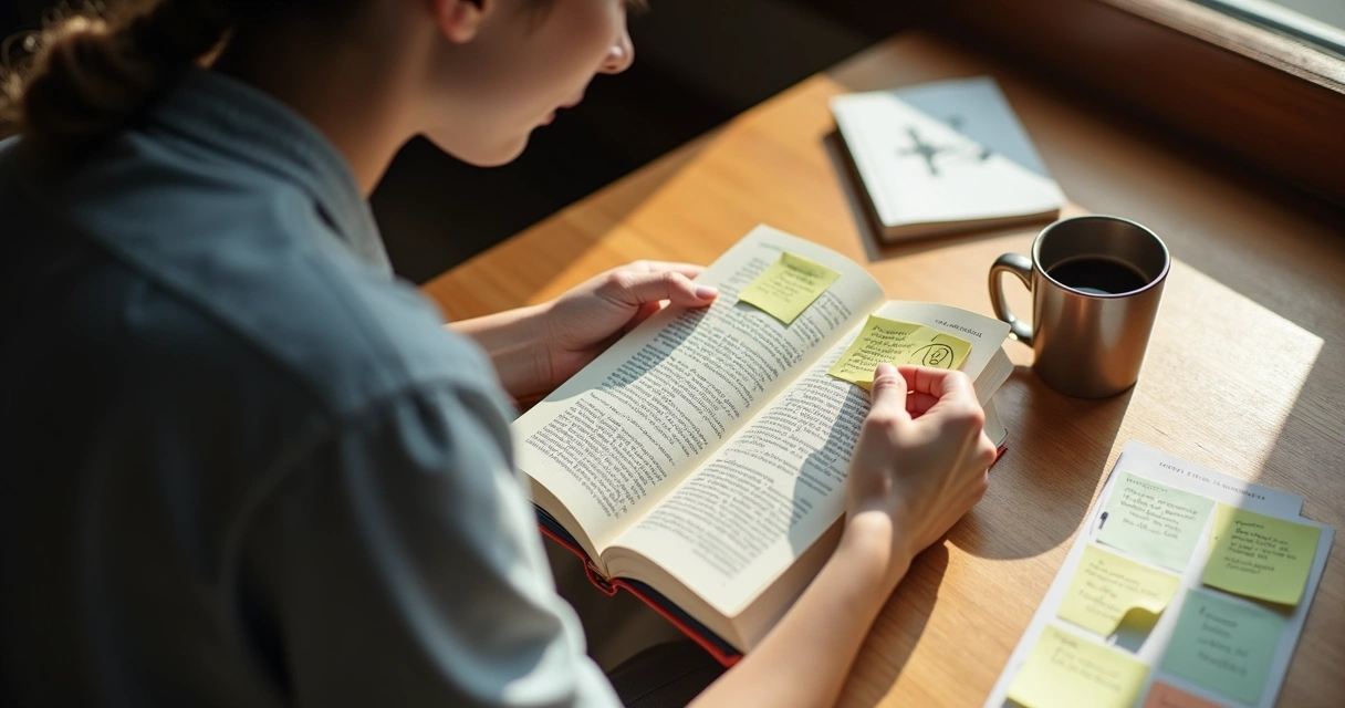 Pessoa sentada lendo um livro de filosofia contemporânea com anotações ao lado em uma mesa de madeira