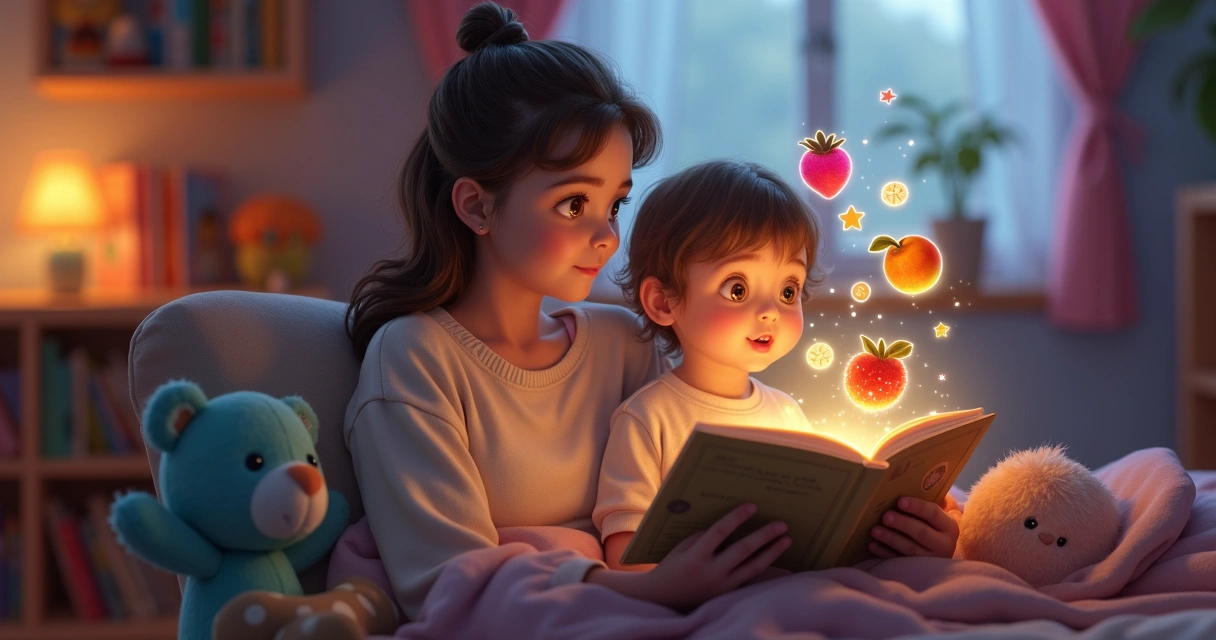 Pai lendo história para criança curiosa com ilustração de comidas mágicas ao fundo 