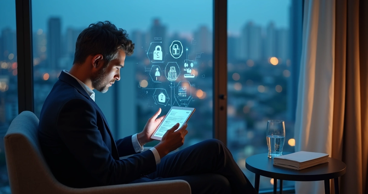 Adulto lendo contrato digital com ícones de dados e dinheiro conectados 