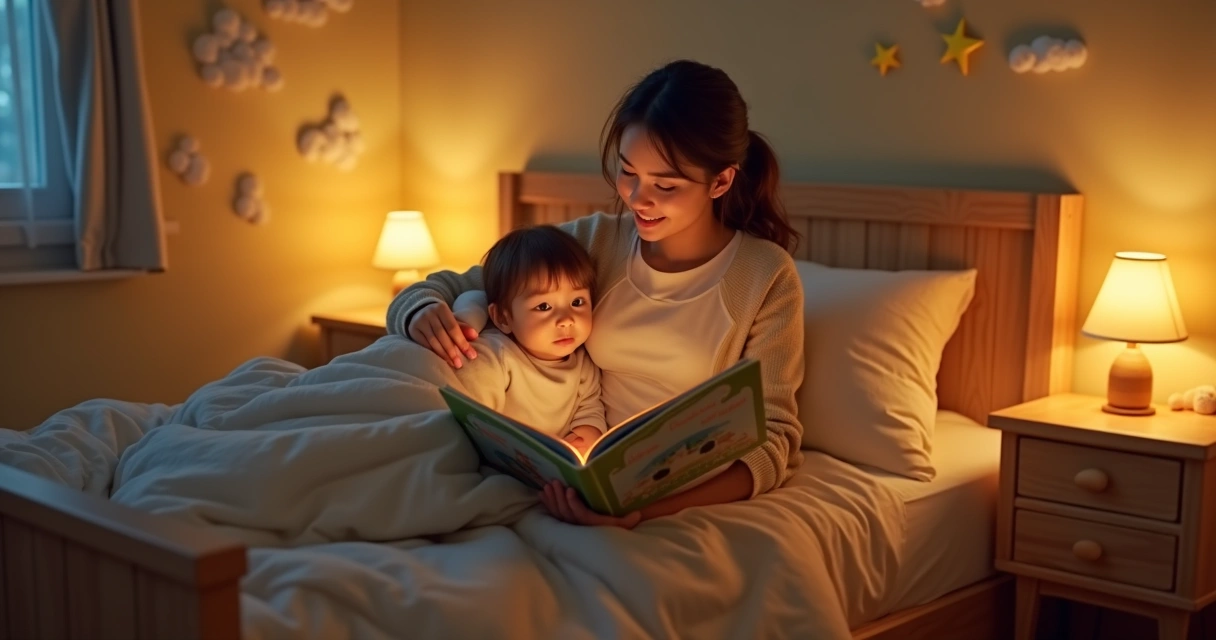 Mãe sentada na cama lendo um livro infantil com o filho 