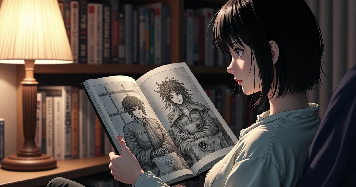 Pessoa lendo mangá em preto e branco 