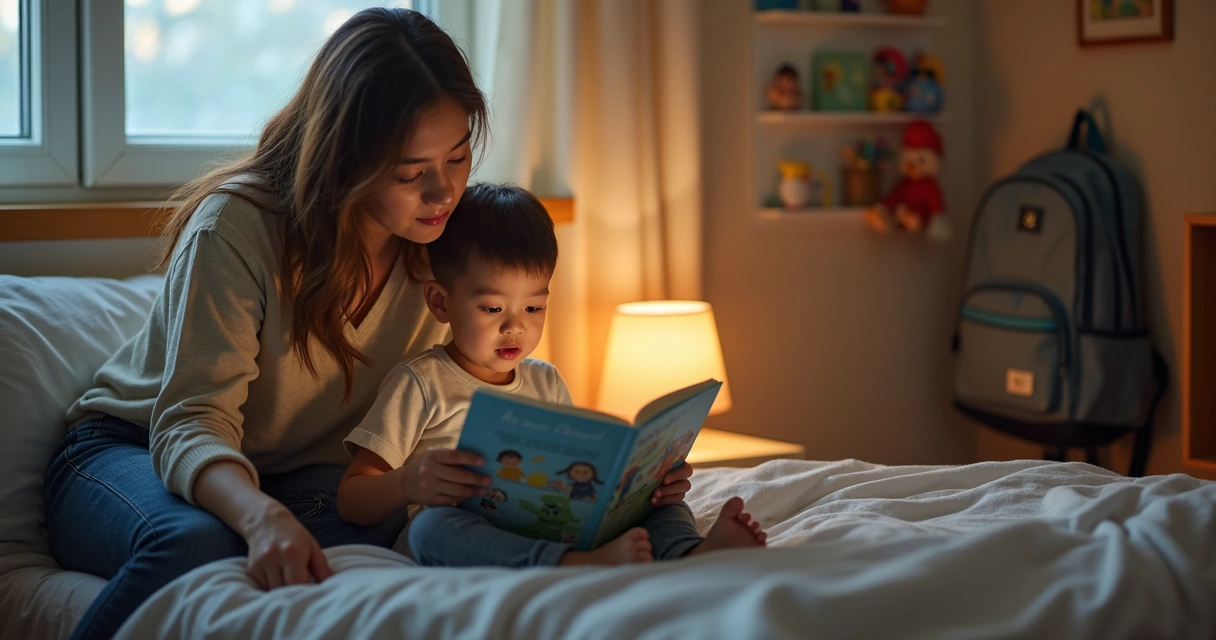 Leitura maternal de historinha com criança na cama à noite 