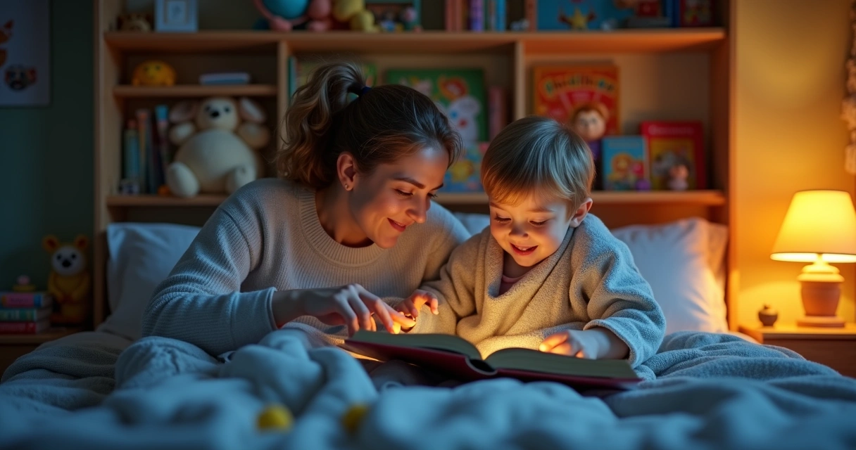 Pais lendo história para criança na cama em ambiente aconchegante e iluminado com luz quente 