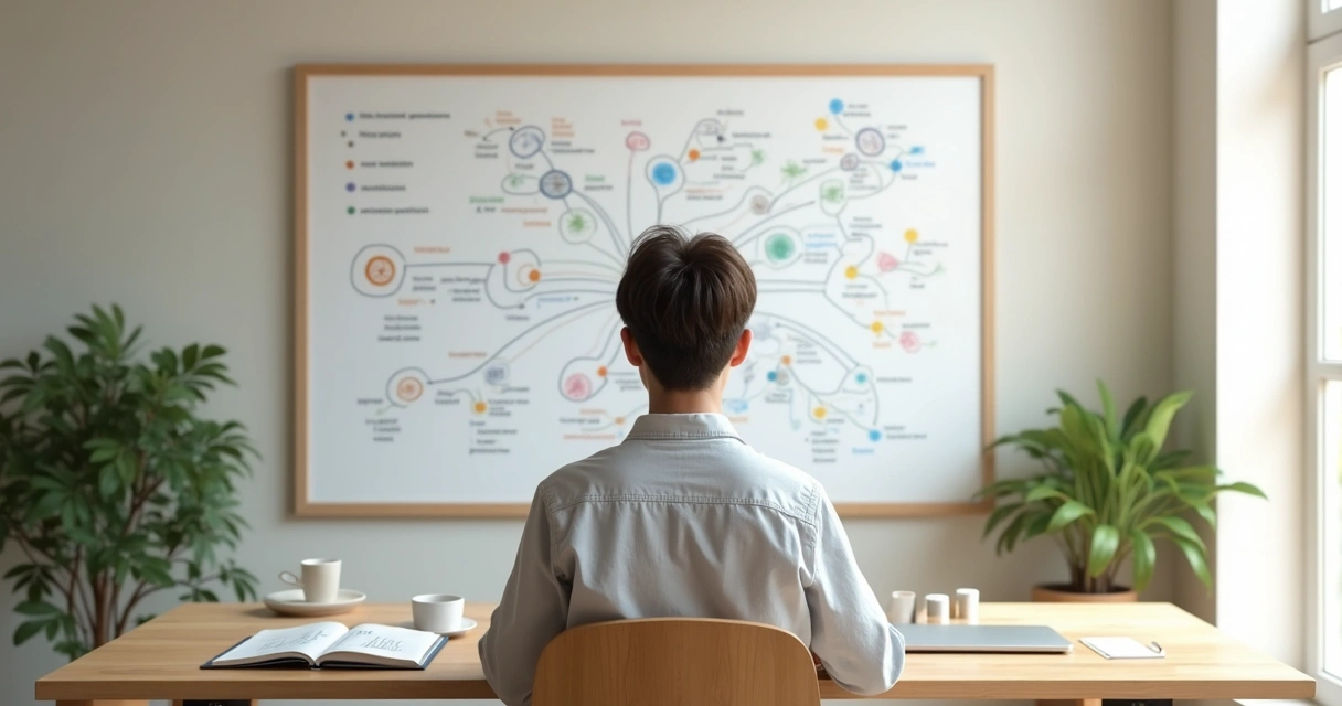 Pessoa observando quadro com conexões representando visão sistêmica no dia a dia 