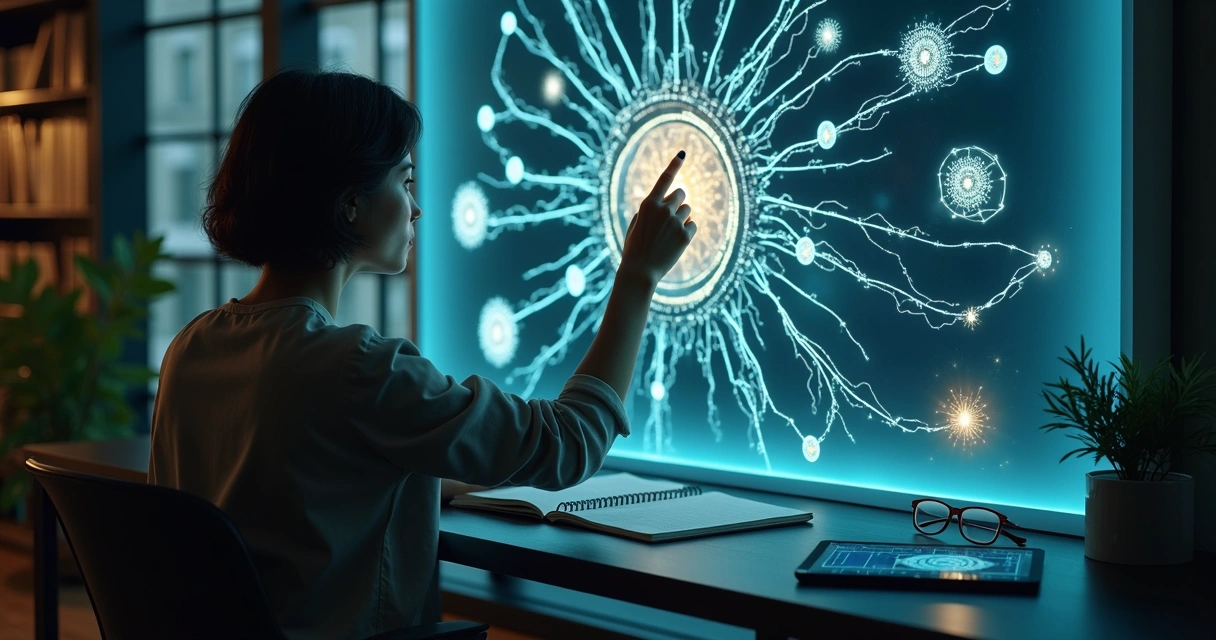 Pessoa observando padrões conectados em rede luminosa 