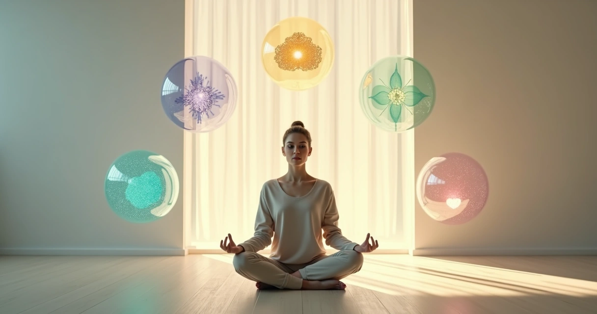 Pessoa em posição de meditação ao centro rodeada por cinco esferas representando dimensões da consciência 
