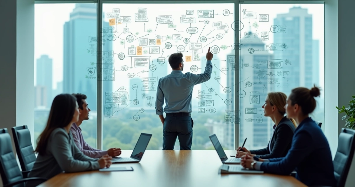 Pessoa analisando conexões sistêmicas em um painel com fluxos e gráficos 