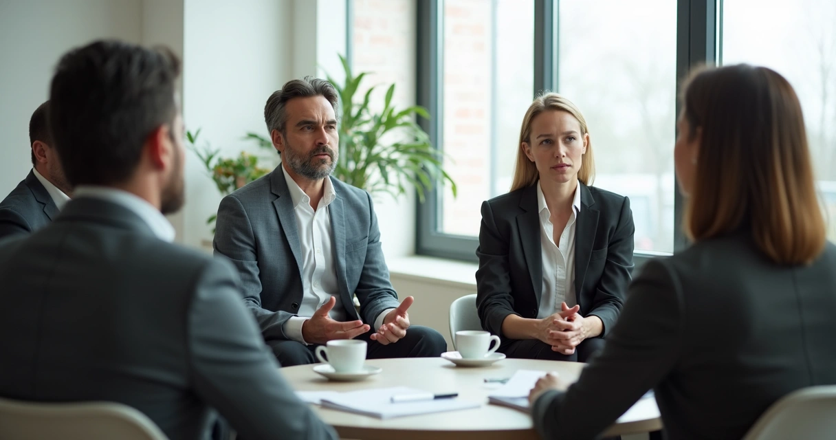 Pessoas em roda observando expressões e gestos em reunião