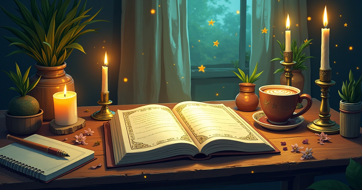 Leitura de Tarô com cartas, velas e cristais, em um ambiente acolhedor e introspectivo.