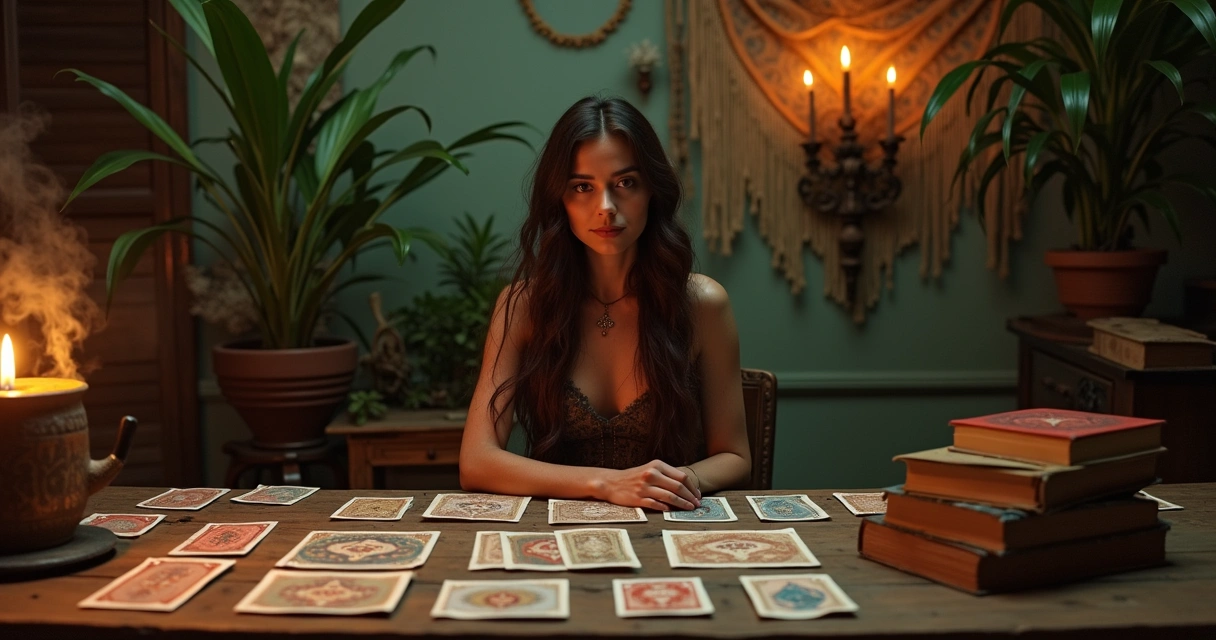 Mulher concentrada em leitura de tarô, rodeada de cartas, chá e um ambiente caloroso e místico.