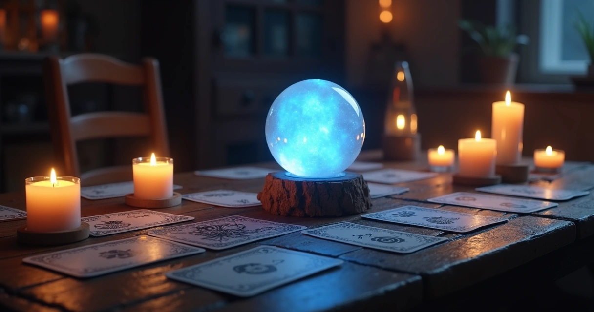 Mesa com cartas de tarô espalhadas e uma bola de cristal iluminada no centro 