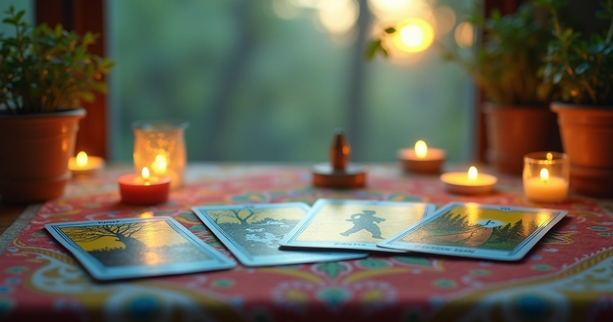 Leitura de tarô com cartas dispostas, evocando reflexão e autoconhecimento em ambiente tranquilo.