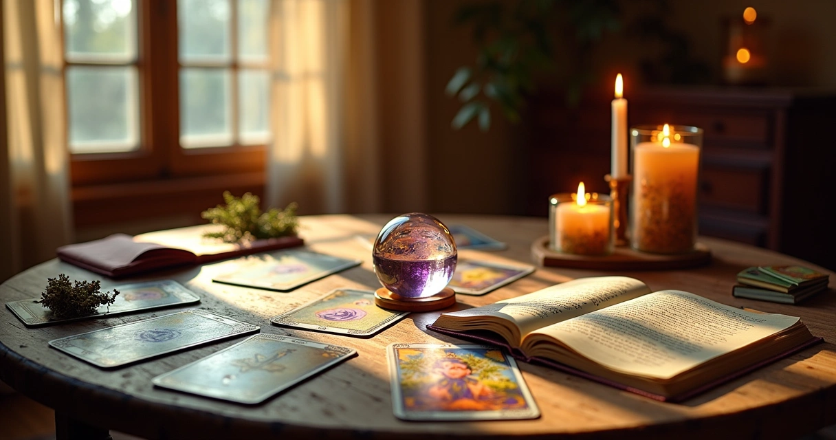 Configuração aconchegante de leitura de tarô com cartas, velas e um diário de interpretações.