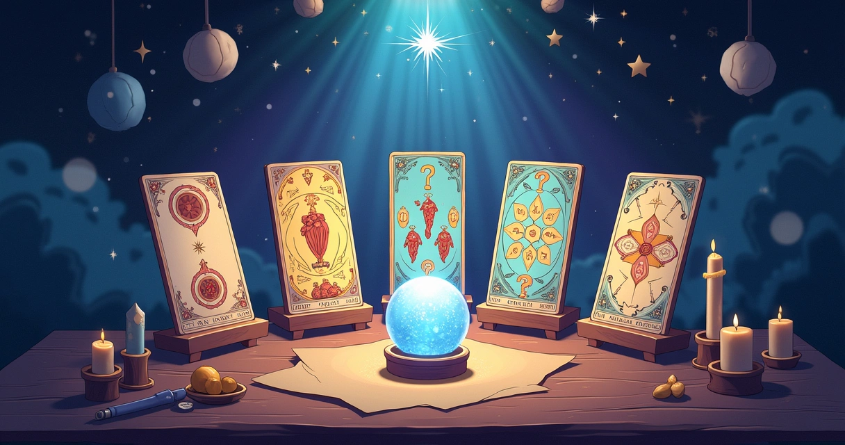 Cena de leitura de tarô com quatro cartas representando diferentes métodos de decisão