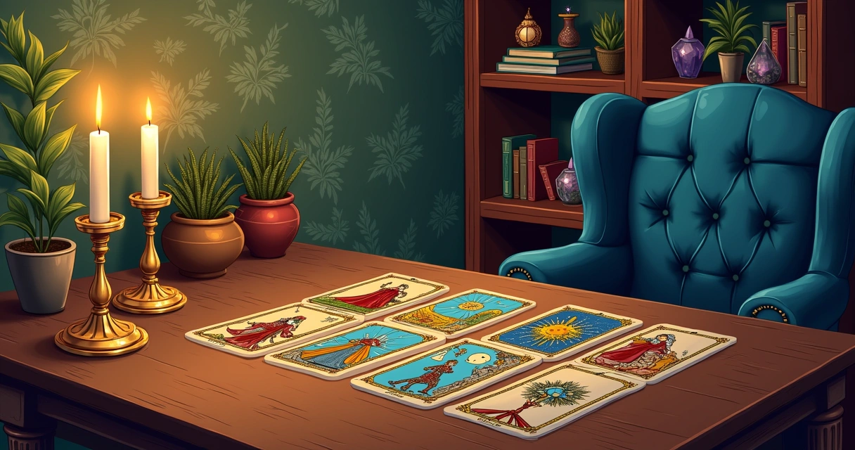 Ilustração de uma leitura de tarô em um ambiente acolhedor com cartas coloridas, velas e livros místicos.