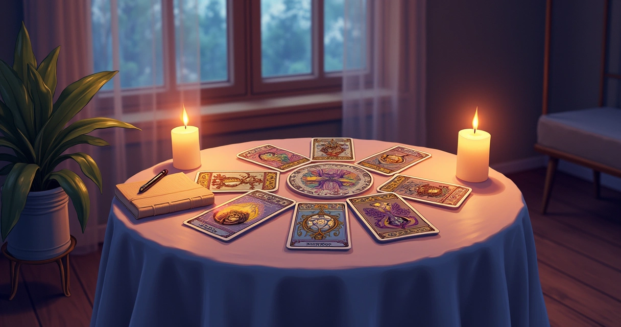 Cena de leitura de tarô com mesa, cartas, velas acesas e um ambiente tranquilo.