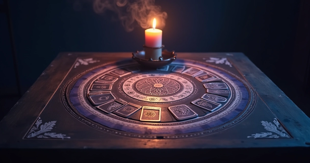 Leitura de tarô em uma mesa de madeira com cartas, vela, cristais, e anotações em um ambiente acolhedor.