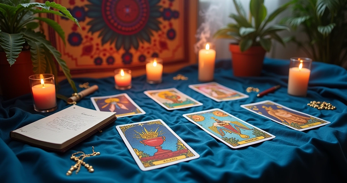 Leitura de tarô mostrando cartas como Rei de Copas e Três de Espadas sobre pano azul, rodeadas por velas.