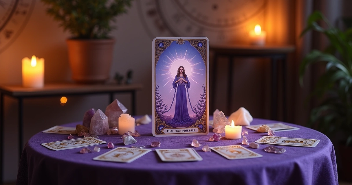Cena de leitura de tarô com carta da Sacerdotisa em um ambiente tranquilo, iluminado por velas.