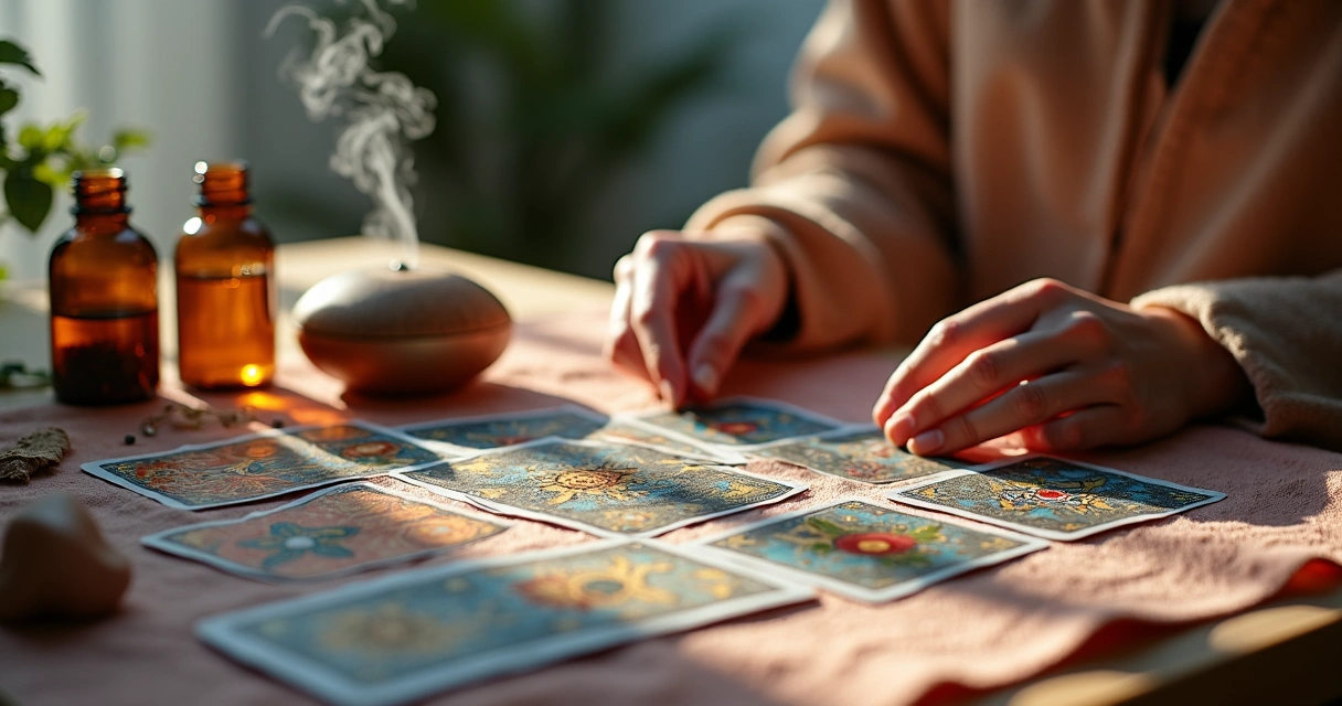 Pessoa fazendo leitura de tarot com difusor ligado ao lado das cartas 