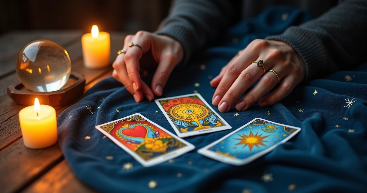 Leitura de tarot com três cartas, velas e uma bola de cristal sobre uma mesa de madeira em um ambiente místico.